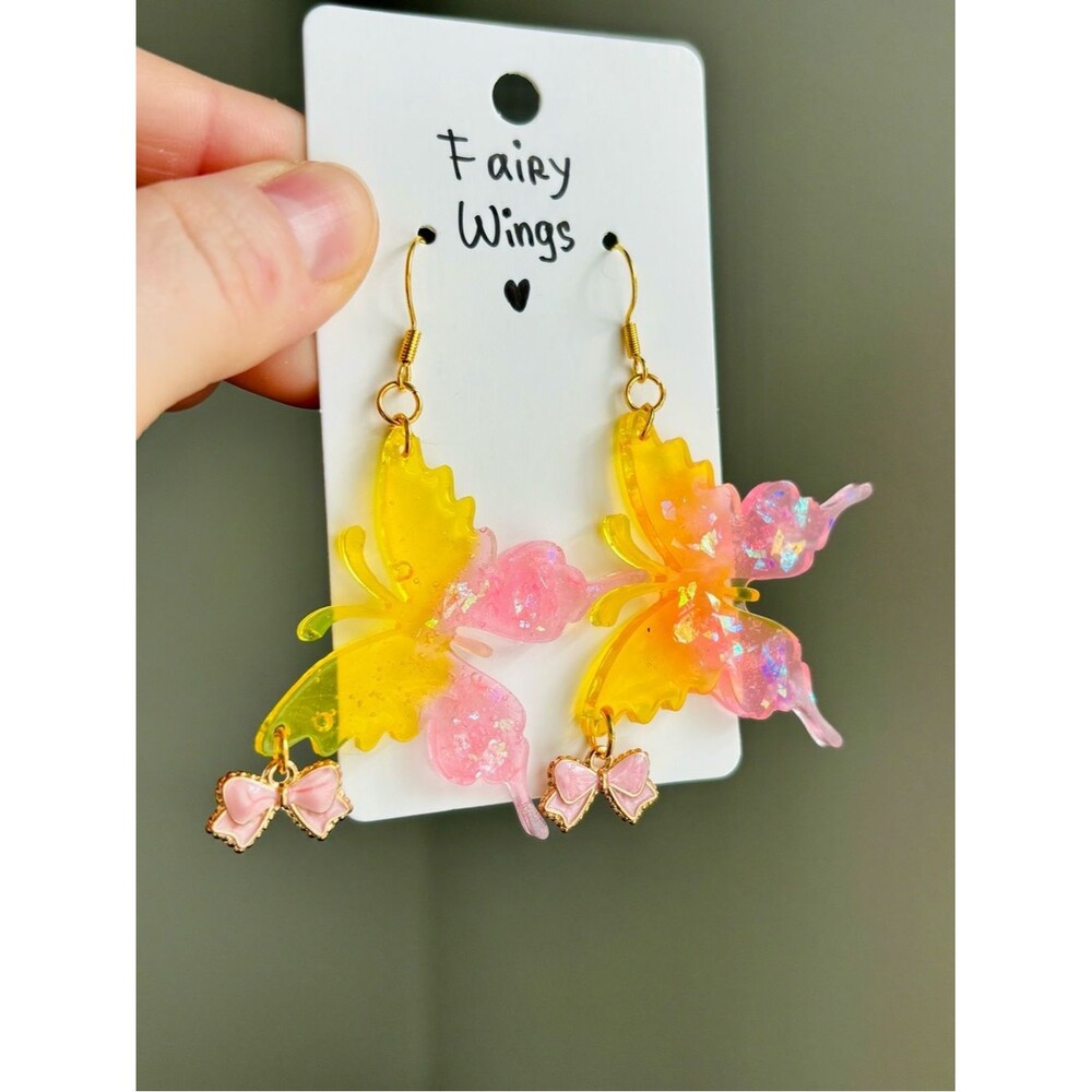 Fairy Wings Resin Butterfly Earrings Pink Yellow Bow Dangle Jewelry
